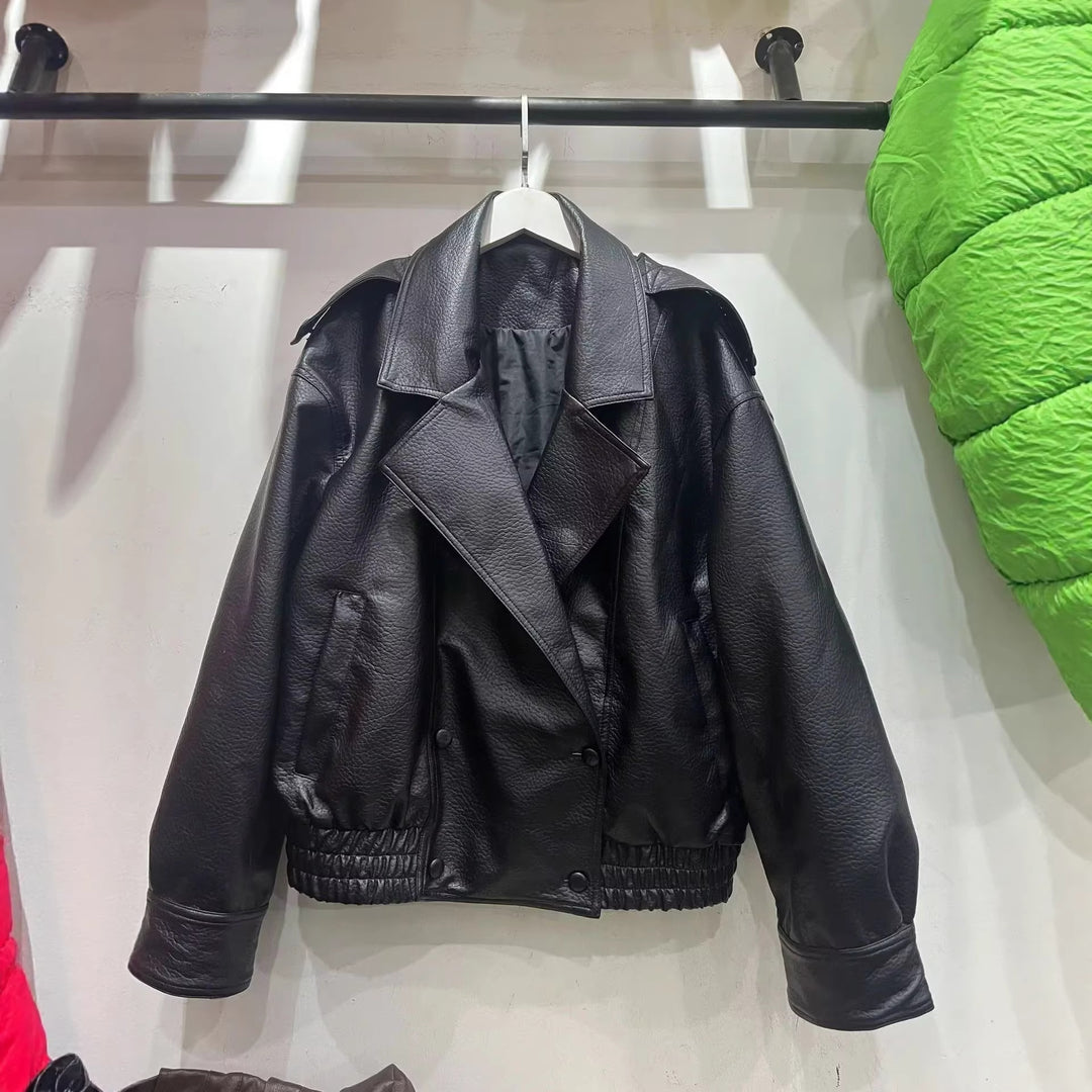 Damen nan cropped zweireihiger Kunstleder-Blouson mit breitem Revers und elastischem Saum Echo Archiv