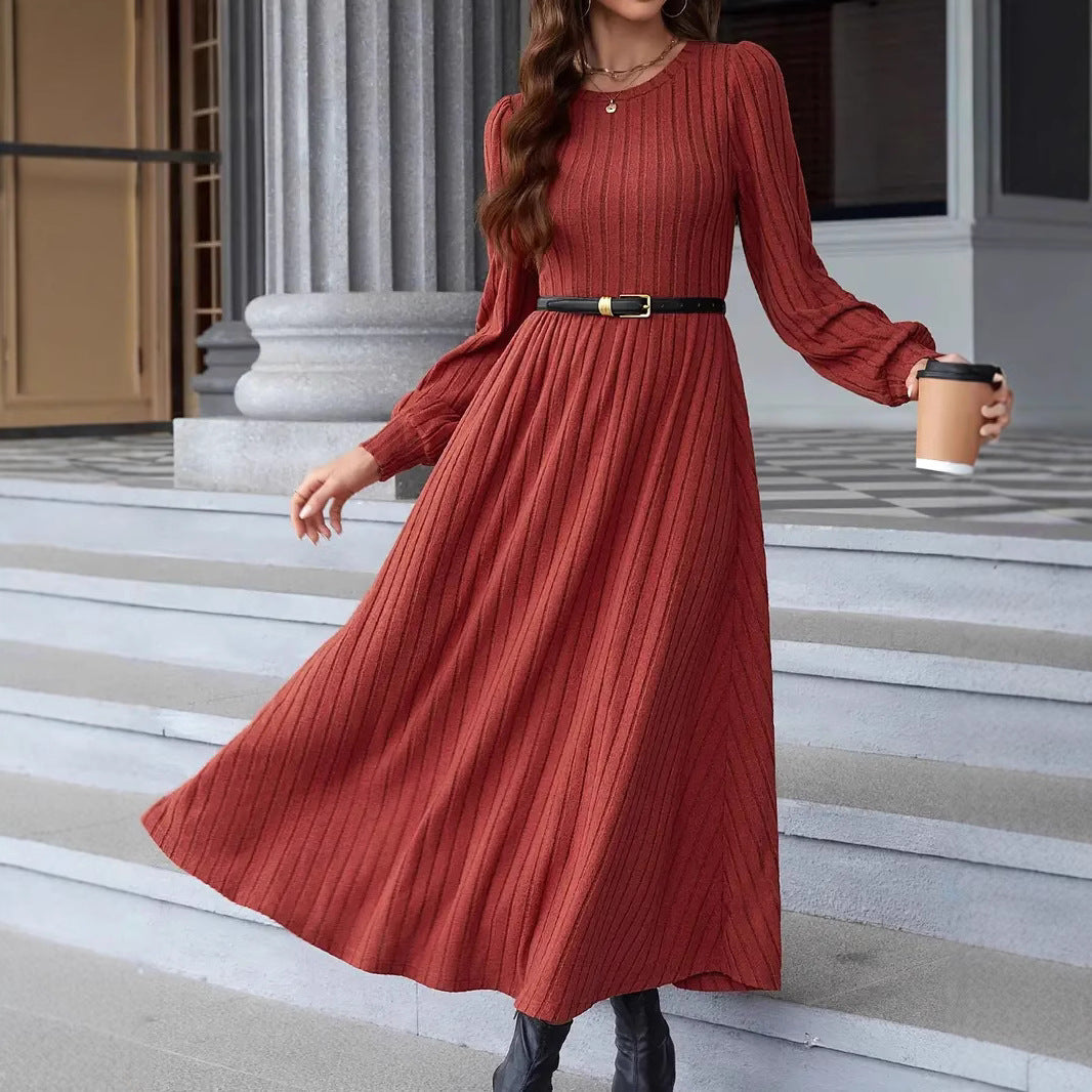 Damen Geripptes Midikleid mit taillierter Schnittführung und langen Ballonärmeln Echo Archiv