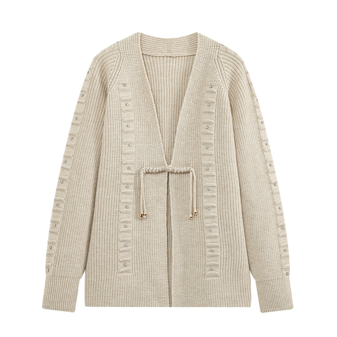 Damen Grobstrick-Cardigan mit Tunnelzug und Strassapplikation Echo Archiv