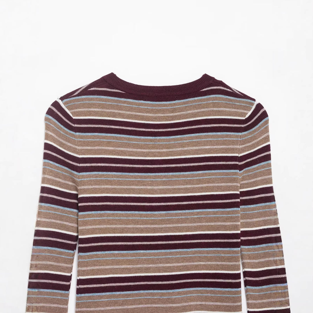 Damen Gestreiftes Feinstrick-Henleyshirt mit Knopfleiste und schlanker Passform Echoarchiv