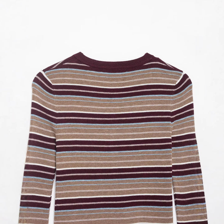 Damen Gestreiftes Feinstrick-Henleyshirt mit Knopfleiste und schlanker Passform Echoarchiv