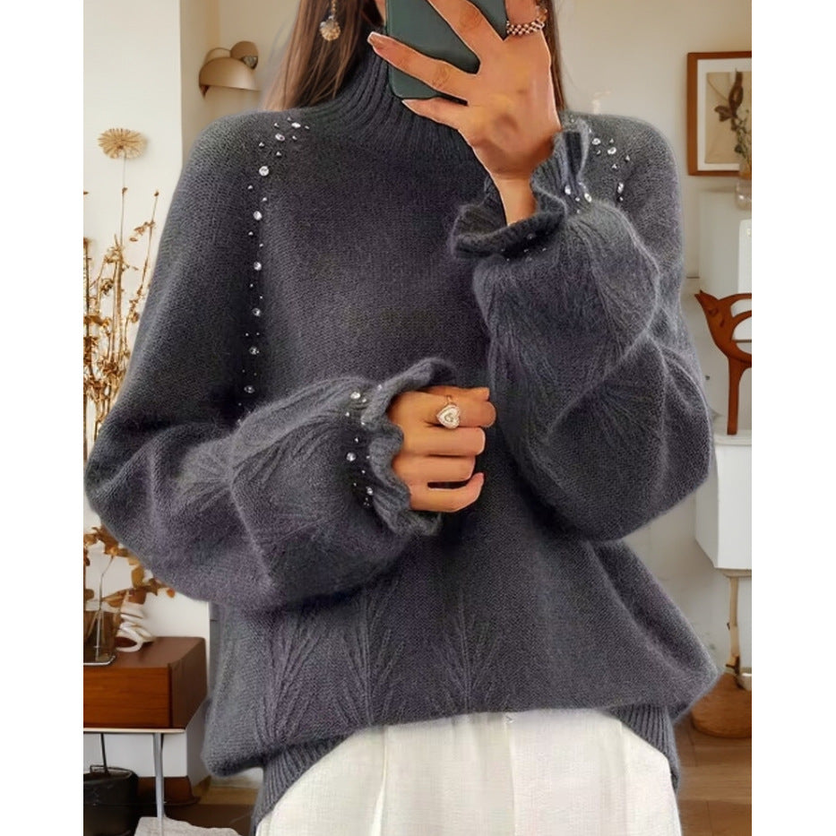 Damen nan Oversize Strickpullover mit Stehkragen und Perlendetails Echo Archiv