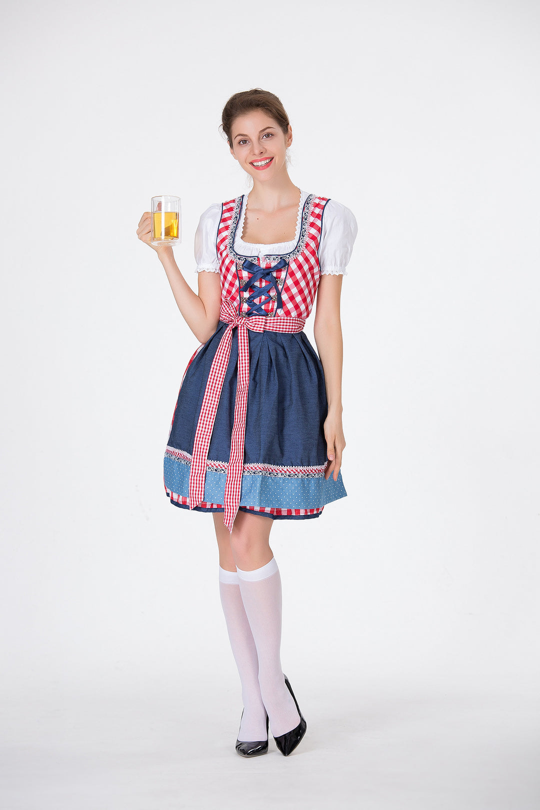 Damen nan traditionelles Trachten-Minikleid mit kariertem Schnürmieder, Puffärmelbluse und dekorativer Schürze Echo Archiv