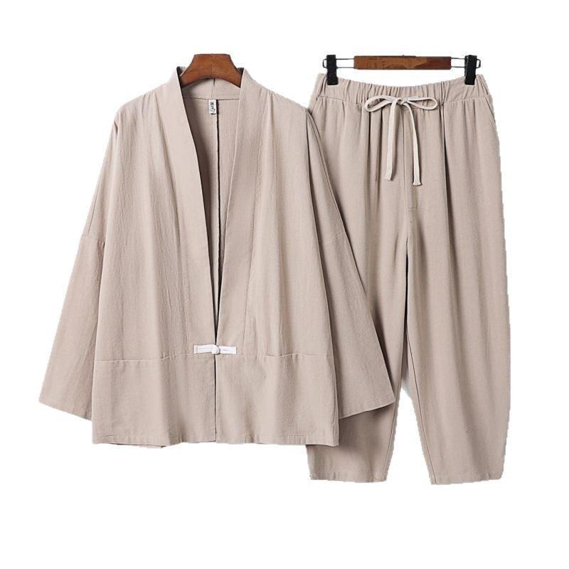 Unisex Lässiges Kimono-Loungewear-Set aus leichtem Leinenmix mit Kordelbundhose Echoarchiv