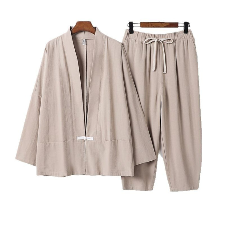 Unisex Lässiges Kimono-Loungewear-Set aus leichtem Leinenmix mit Kordelbundhose Echoarchiv