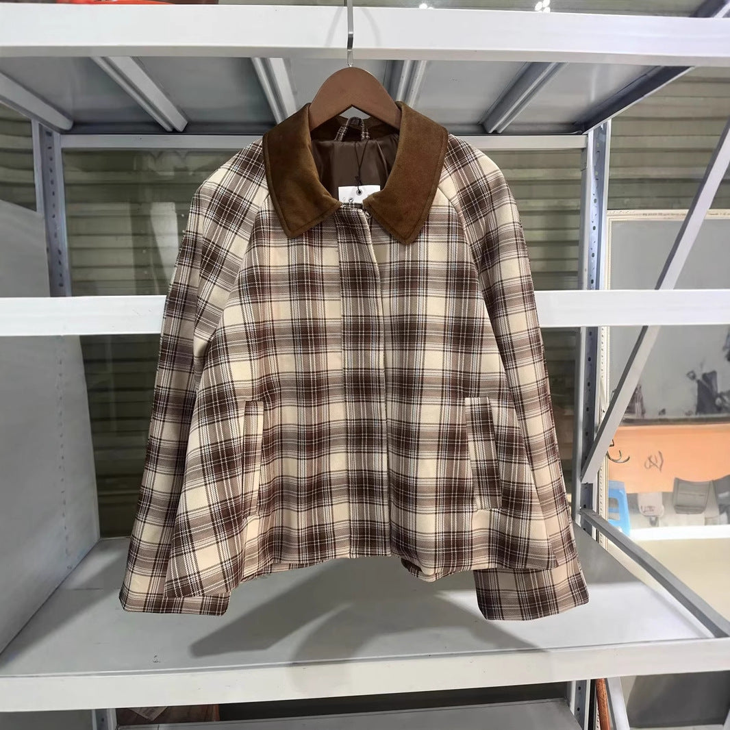 Damen nan karierte Übergangsjacke mit kontrastierendem Samtkragen, verdeckter Frontleiste und Eingrifftaschen Echo Archiv