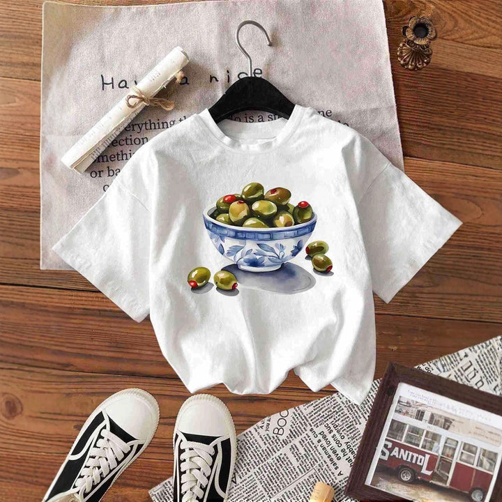 Damen T-Shirt mit kreativem Olivenmotiv Echo Archiv