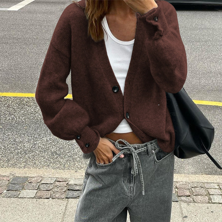 Damen lässige Strickjacke mit tiefem V-Ausschnitt, aufgesetzten Knopfleisten und Ballonärmeln – Veloura