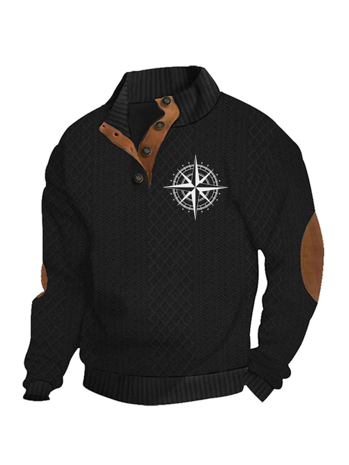 Herren nan Heritage-Strukturpullover mit Stehkragen Lederimitat-Besatz Ellenbogen-Patches und Halbknopfleiste Echo Archiv