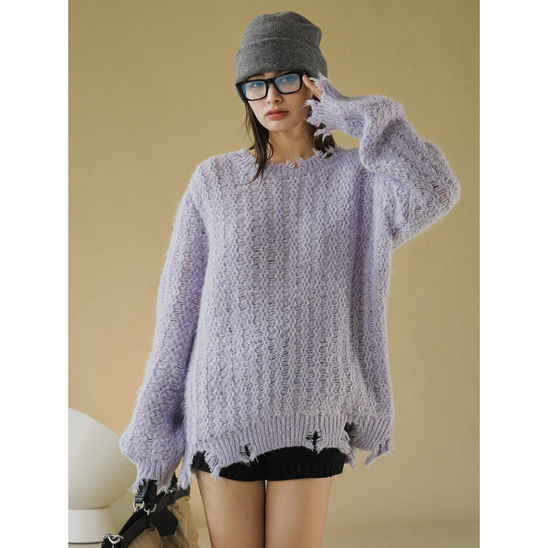 Damen Oversize-Strickpullover mit Ajourmuster, Flauschiger Mohair‑Look und Destroy-Detail Echoarchiv