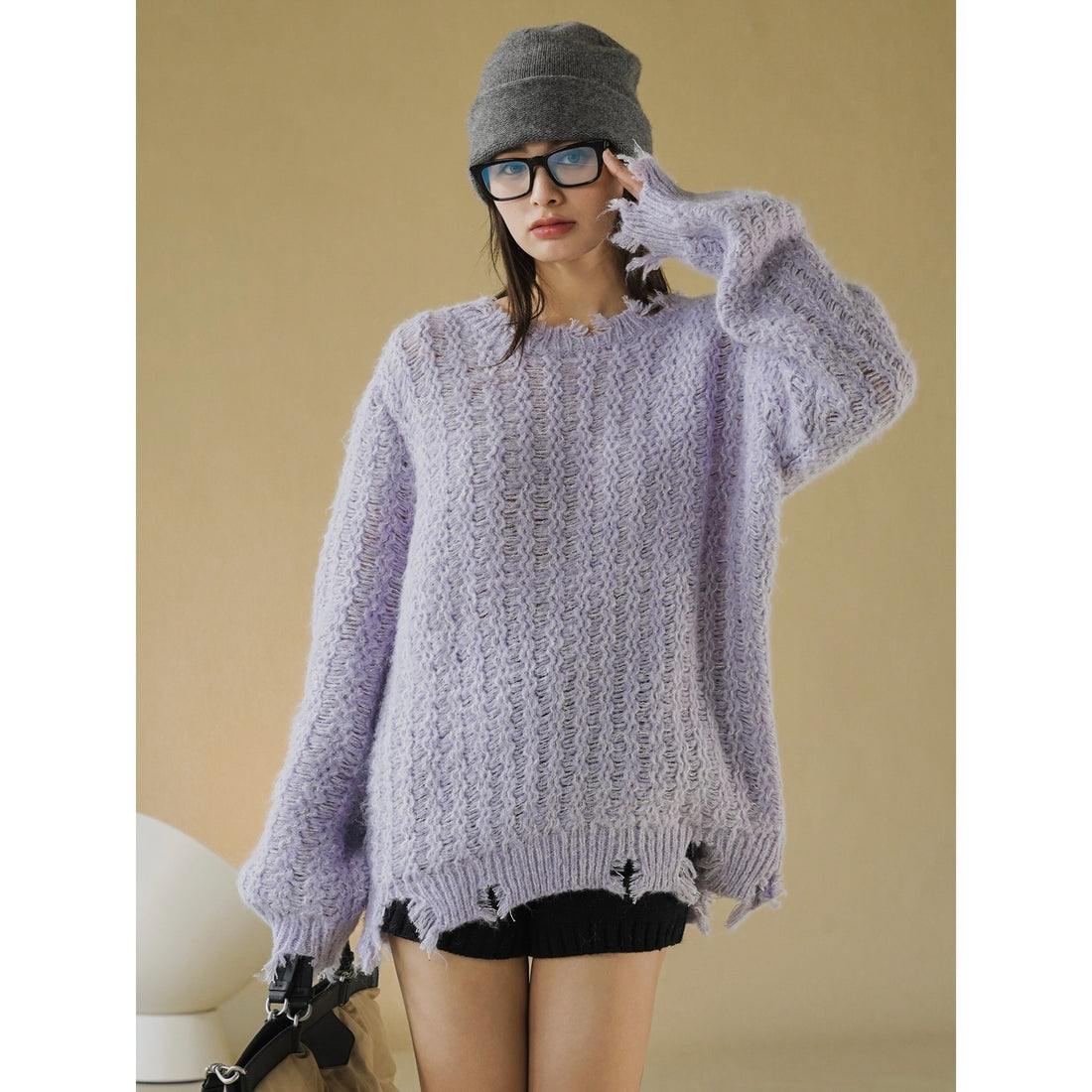 Damen Oversize-Strickpullover mit Ajourmuster, Flauschiger Mohair‑Look und Destroy-Detail Echoarchiv