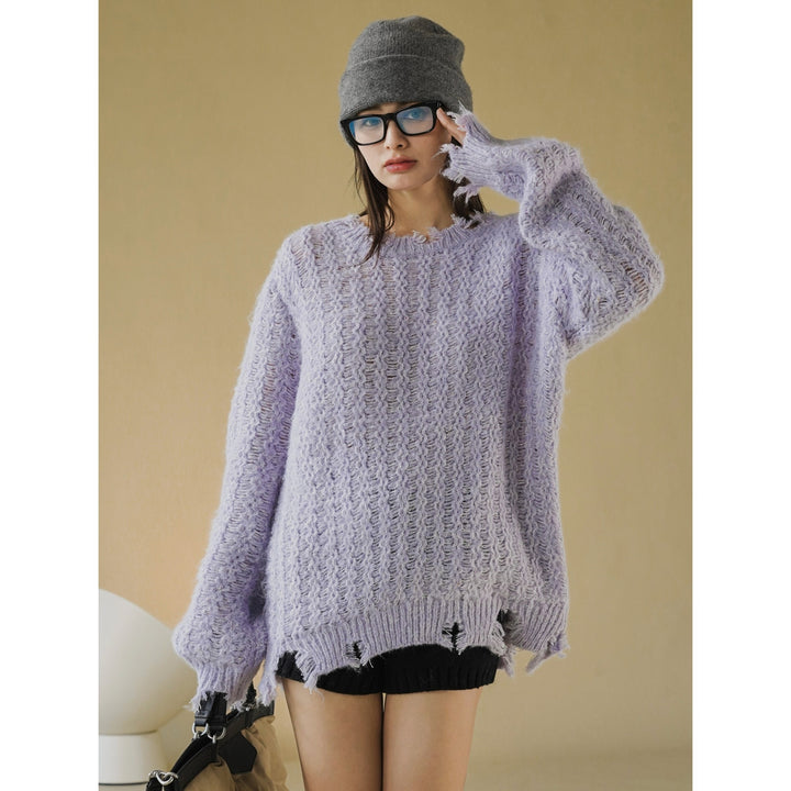 Damen Oversize-Strickpullover mit Ajourmuster, Flauschiger Mohair‑Look und Destroy-Detail Echoarchiv