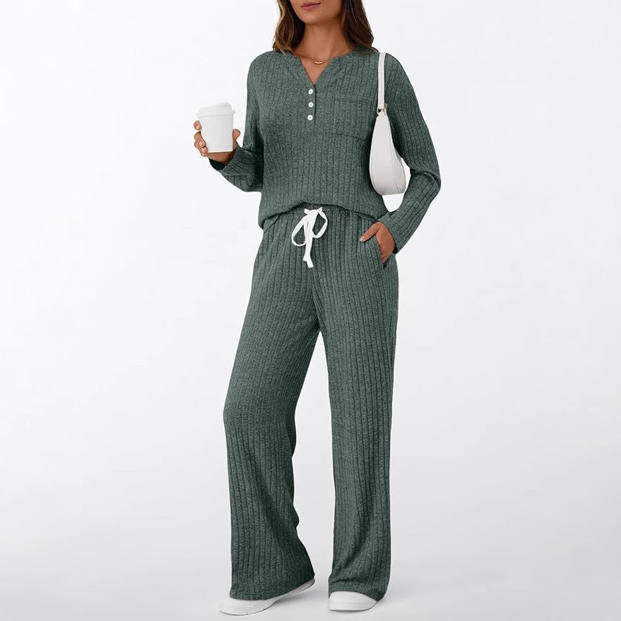 Damen Rippstrick-Lounge-Set mit Knopfleiste und weitem Kordelbund-Hose – Mavelle