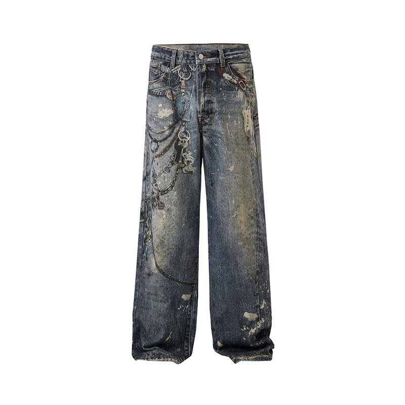 Herren Weit geschnittene Stonewashed-Denim-Jeans mit Kettenprint, Farb‑Splatter und bodenlangem Saum Echo Archiv