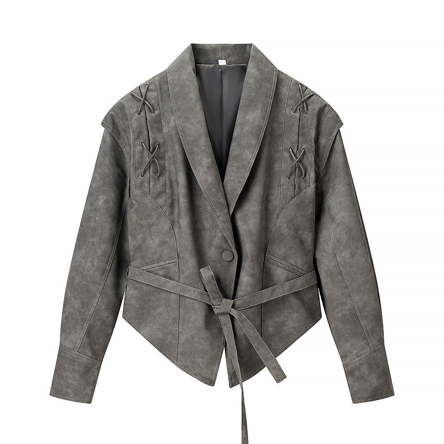Damen Kurzjacke aus Veloursoptik mit Wickelgürtel und Schnürdetail Echo Archiv