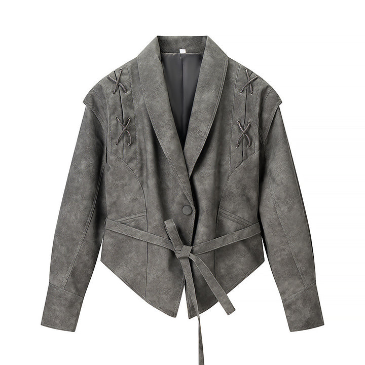 Damen Kurzjacke aus Veloursoptik mit Wickelgürtel und Schnürdetail Echo Archiv