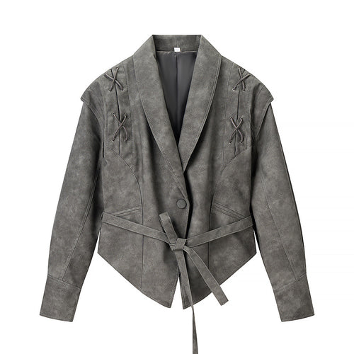 Damen Kurzjacke aus Veloursoptik mit Wickelgürtel und Schnürdetail Echo Archiv
