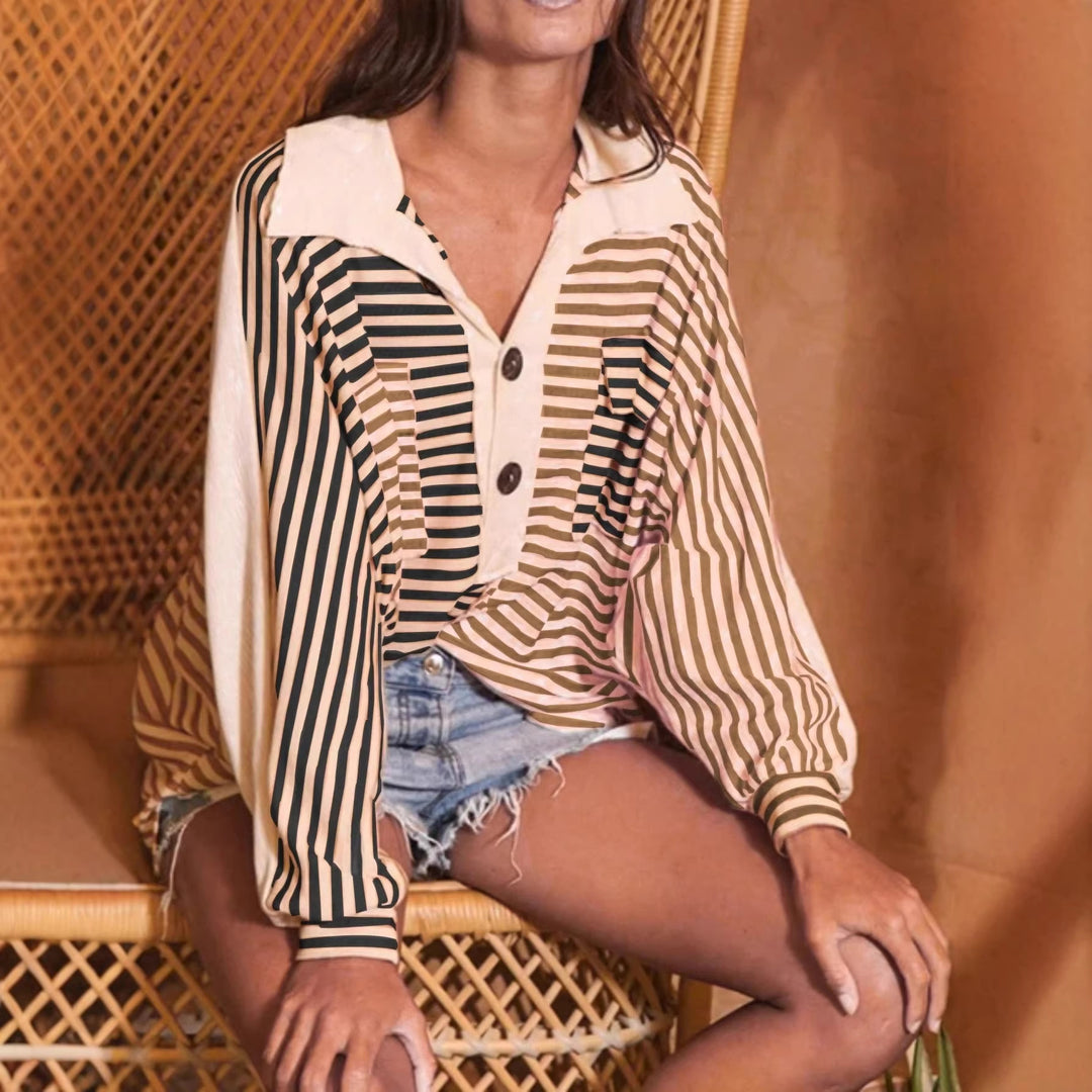 Damen Oversize-Hemdbluse mit kontrastrevers, Streifenmuster und Volumenärmeln Echo Archiv