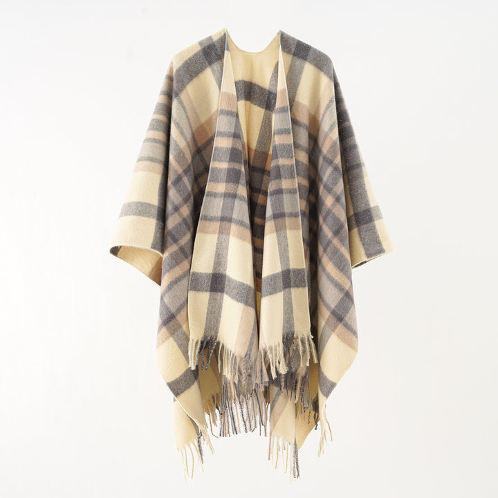 Damen Oversize karierter Wollponcho mit Fransen – Avérine