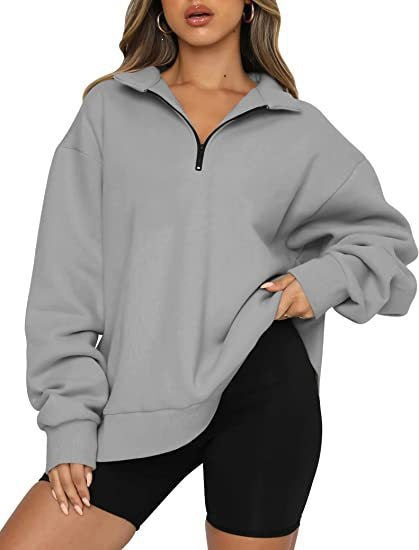 Damen oversized Sweatshirt mit halbem Reißverschluss, weichem Fleece-Innenfutter und Kängurutasche – Avérine