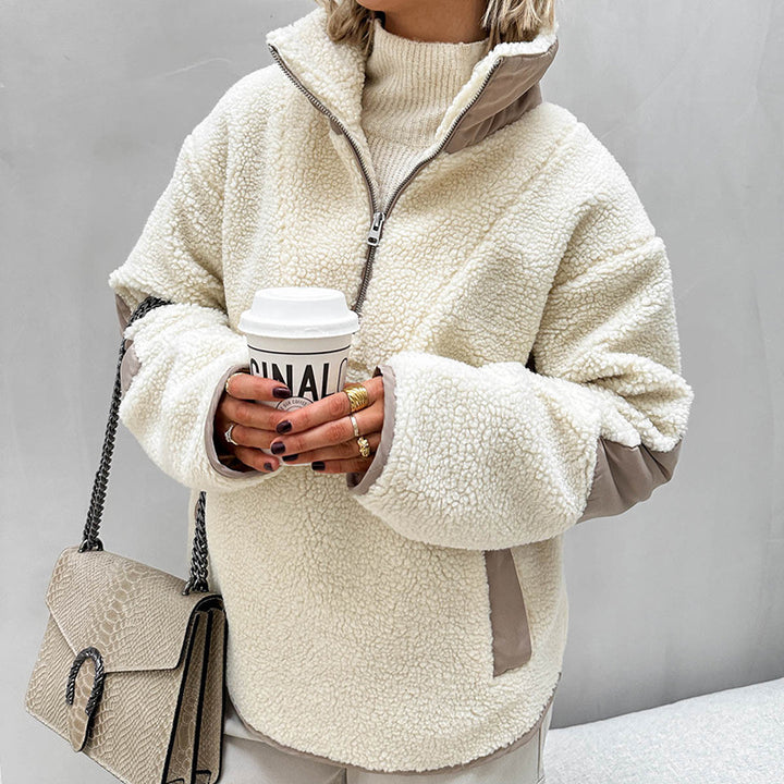 Damen Oversized Sherpa-Fleece Pullover mit halbem Reißverschluss und Kängurutasche Echo Archiv