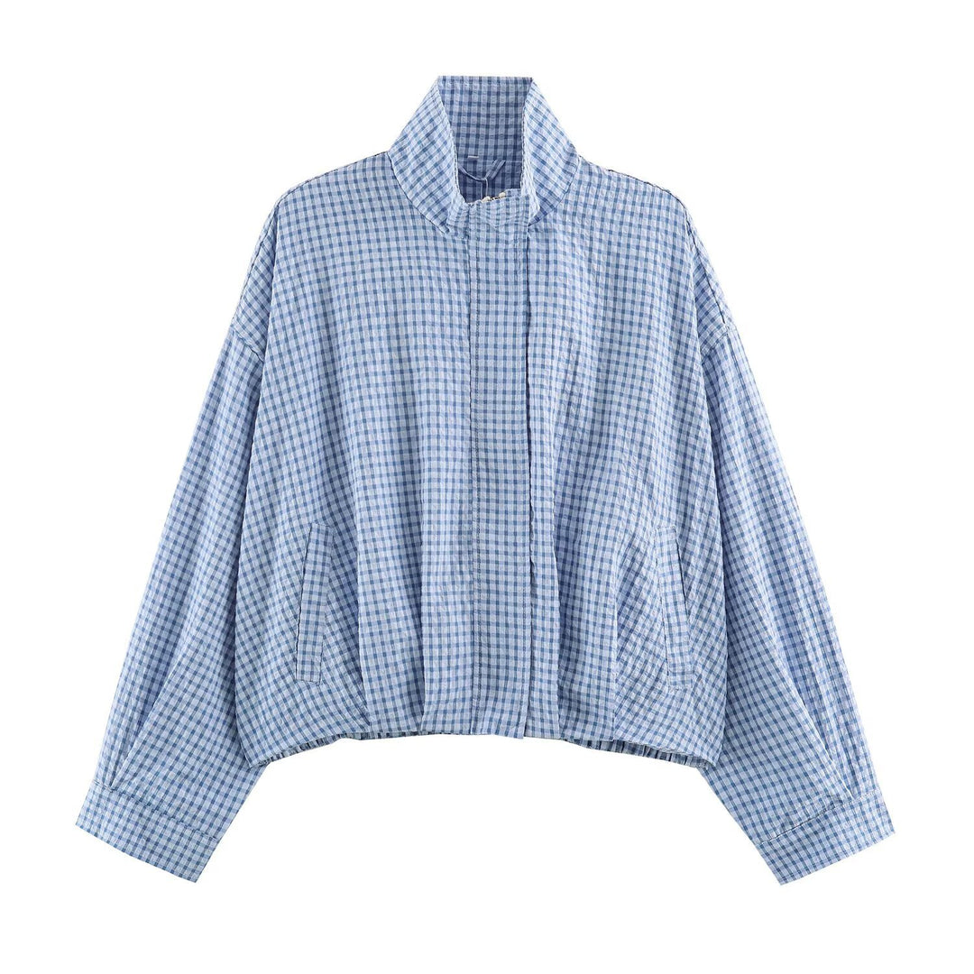 Damen Karo-Übergangsjacke im Oversize-Cropped-Schnitt mit hohem Stehkragen Echo Archiv