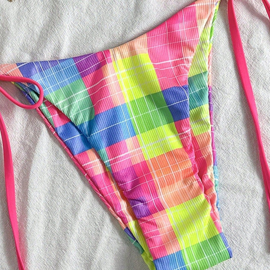 Damen Bunt karierter Triangel-Bikini mit seitlichen Bindebändern Echo Archiv