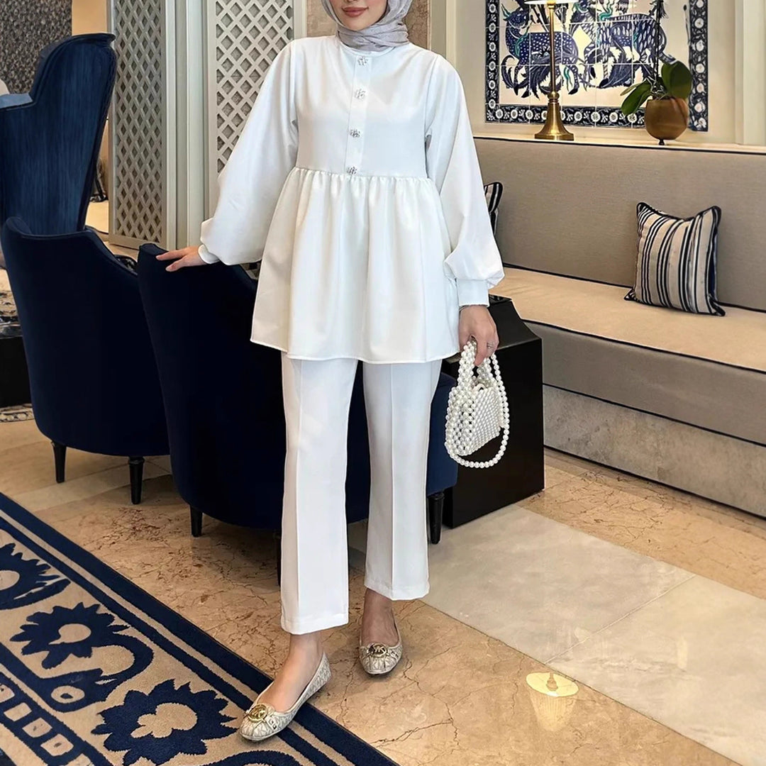Damen Elegantes Tunika‑Hosen‑Set mit geraffter Empire‑Tunika und schlanker Anzughose Echoarchiv