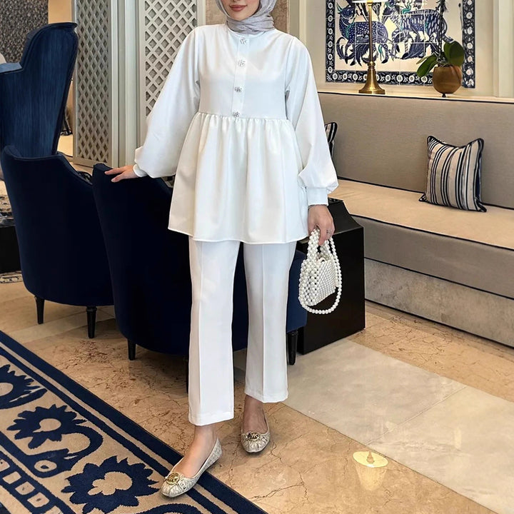 Damen Elegantes Tunika‑Hosen‑Set mit geraffter Empire‑Tunika und schlanker Anzughose Echoarchiv