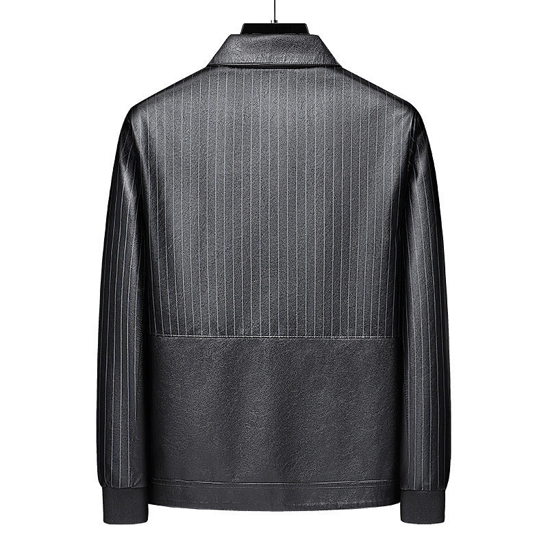 Herren Pinstripe Kunstleder-Truckerjacke mit Druckknopffront und gerippten Bündchen Echoarchiv