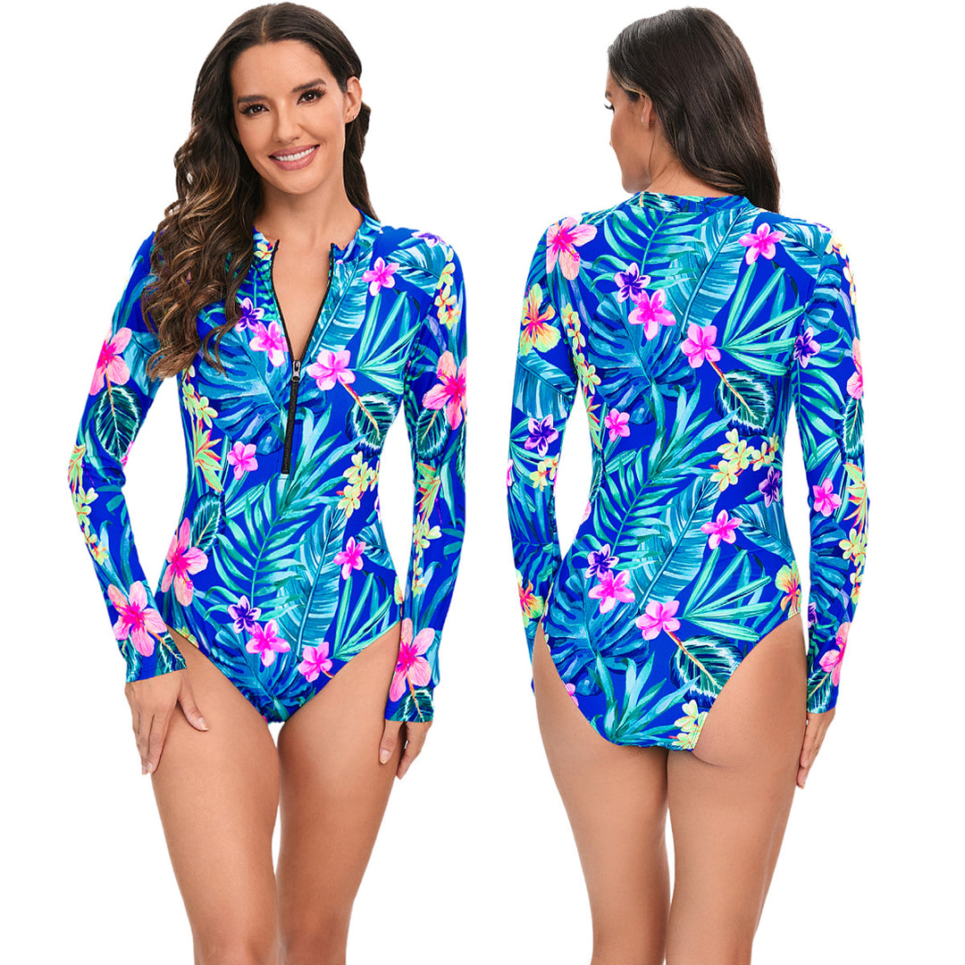 Damen Sportlicher Langarm-Badeanzug mit floralen Akzenten Echo Archiv