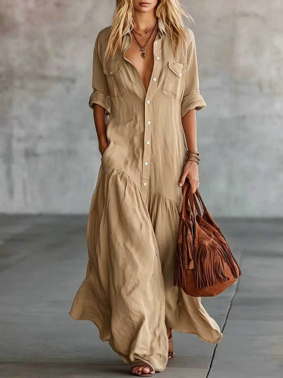 Damen Langes fließendes Hemdblusen-Maxikleid mit Knopfleiste, aufgesetzten Brusttaschen und seitlichen Eingrifftaschen Echoarchiv