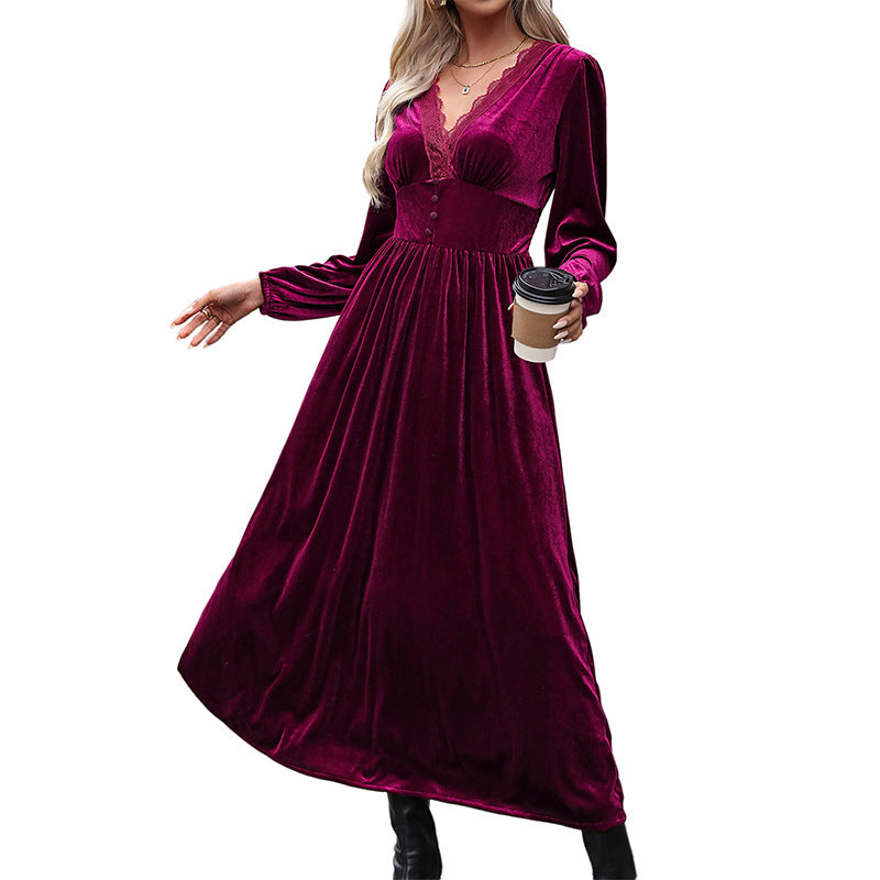 Damen Samt-Maxikleid mit V-Ausschnitt und Empire-Taille Echoarchiv