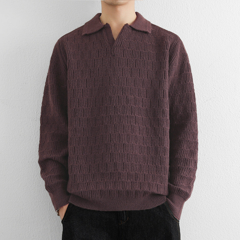 Herren Feinstrick-Polo-Pullover mit Strukturstrick und offenem V-Ausschnitt Echoarchiv