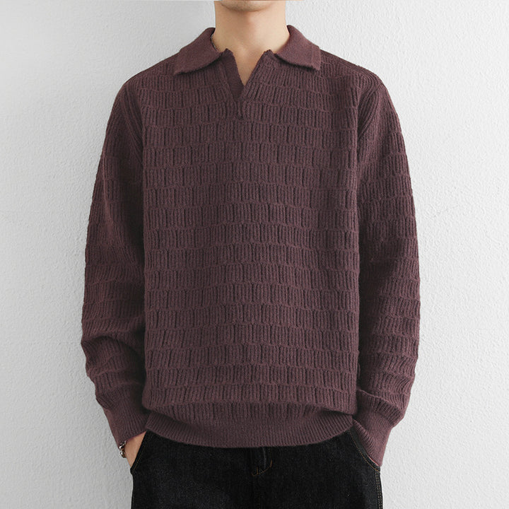 Herren Feinstrick-Polo-Pullover mit Strukturstrick und offenem V-Ausschnitt Echoarchiv