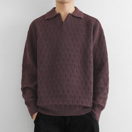 Herren Feinstrick-Polo-Pullover mit Strukturstrick und offenem V-Ausschnitt Echoarchiv