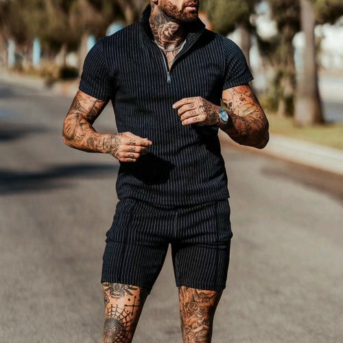 Herren Kurzarm-Jumpsuit mit modernem Reißverschluss und gestreiftem Design Echoarchiv