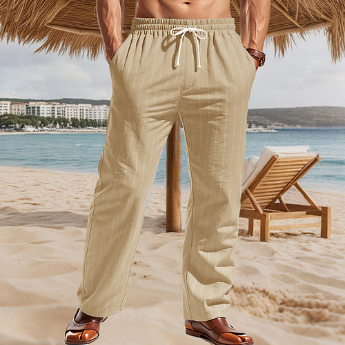 Herren Maritime Leinenoptik-Freizeithose mit Nadelstreifen elastischem Bund und seitlichen Eingrifftaschen – Sorevano