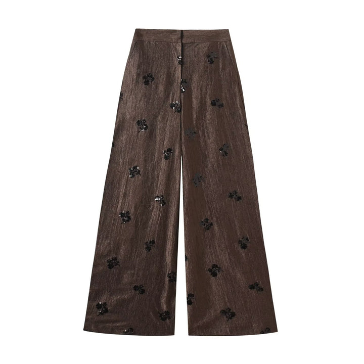 Damen Hochtaillierte Wide‑Leg‑Hose mit Glanzstruktur und Paillettenblüten Echo Archiv