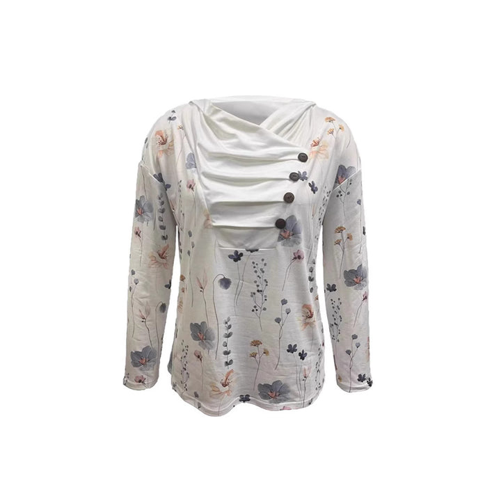Damen Langärmliges Blumen-Sweatshirt mit asymmetrischem Drapékragen und Zierknopfleiste – Avérine