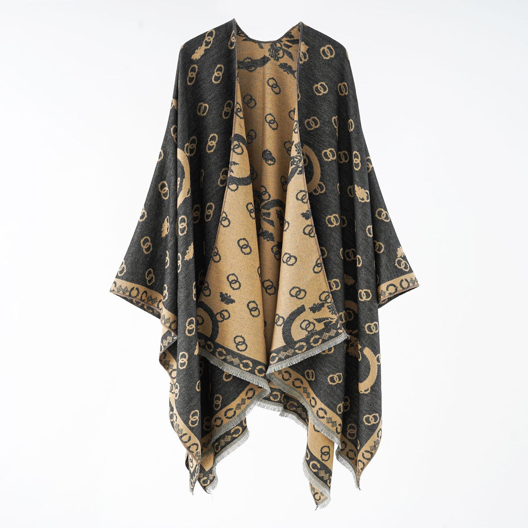 Damen Wendbarer Jacquard-Überwurf mit Fransen und großzügiger Wrap-Silhouette Echo Archiv