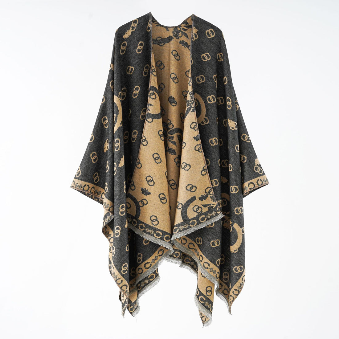 Damen Wendbarer Jacquard-Überwurf mit Fransen und großzügiger Wrap-Silhouette – Avelisse