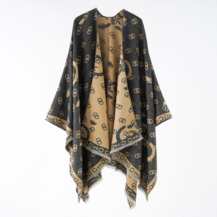Damen Wendbarer Jacquard-Überwurf mit Fransen und großzügiger Wrap-Silhouette Echo Archiv