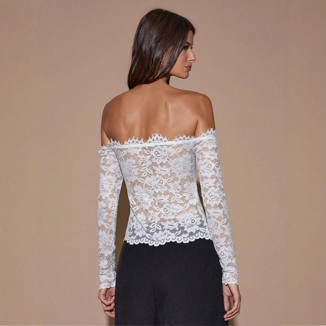 Damen nan schulterfreies semitransparentes Spitzen-Top mit Carmen-Ausschnitt, Raffung am Bustier und langen Ärmeln Echo Archiv
