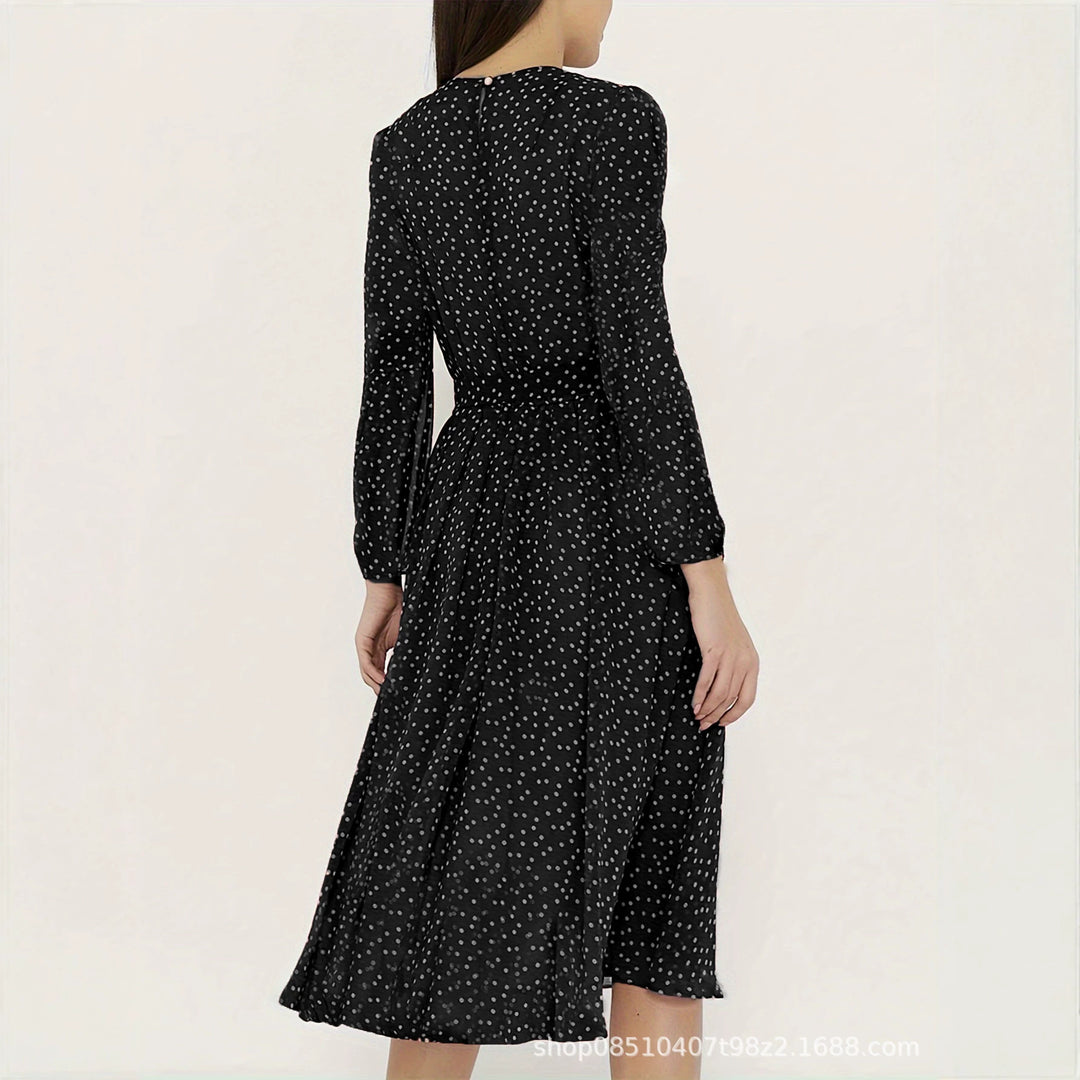 Damen Midikleid mit Punkten, taillierter Bindegürtel und Volantrock – Élara