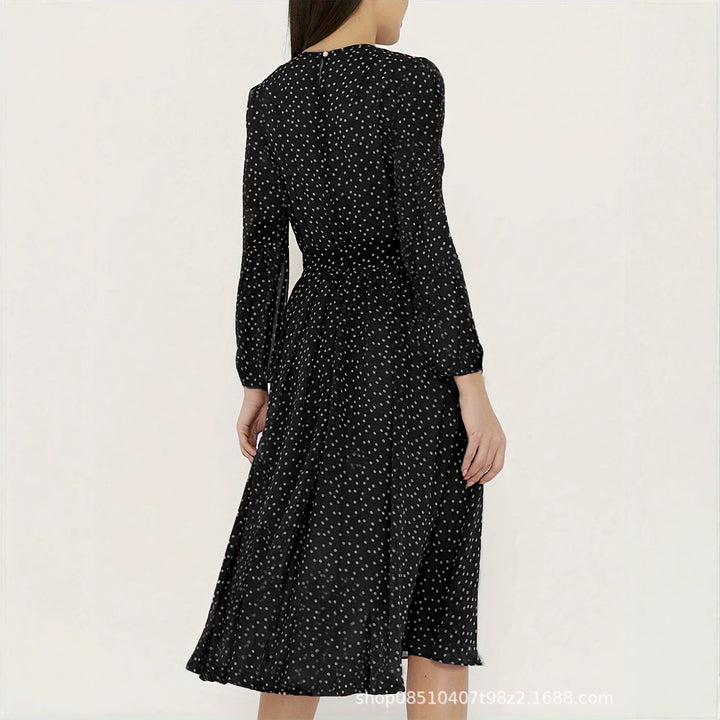 Damen Midikleid mit Punkten, taillierter Bindegürtel und Volantrock – Élara