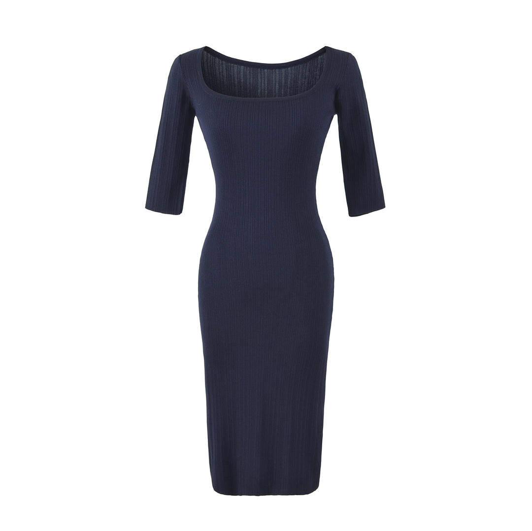 Damen Geripptes Midikleid mit quadratischem Ausschnitt und dreiviertelärmeln Echoarchiv