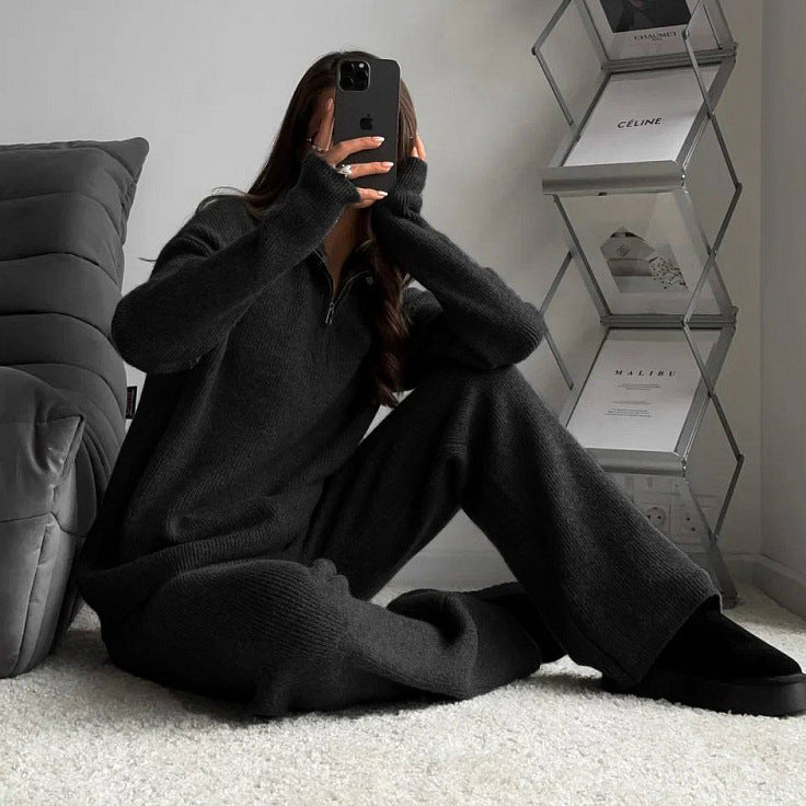 Damen nan geripptes Strick-Lounge-Set mit Halbzip-Pullover und hochgeschnittener Leggings Echo Archiv