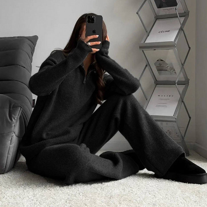 Damen nan geripptes Strick-Lounge-Set mit Halbzip-Pullover und hochgeschnittener Leggings Echo Archiv