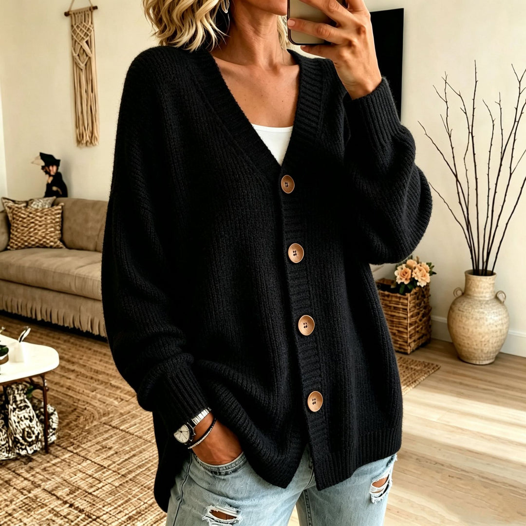 Damen Lockerer Longline-Cardigan mit tiefem V-Ausschnitt und Holzknöpfen – Veloura